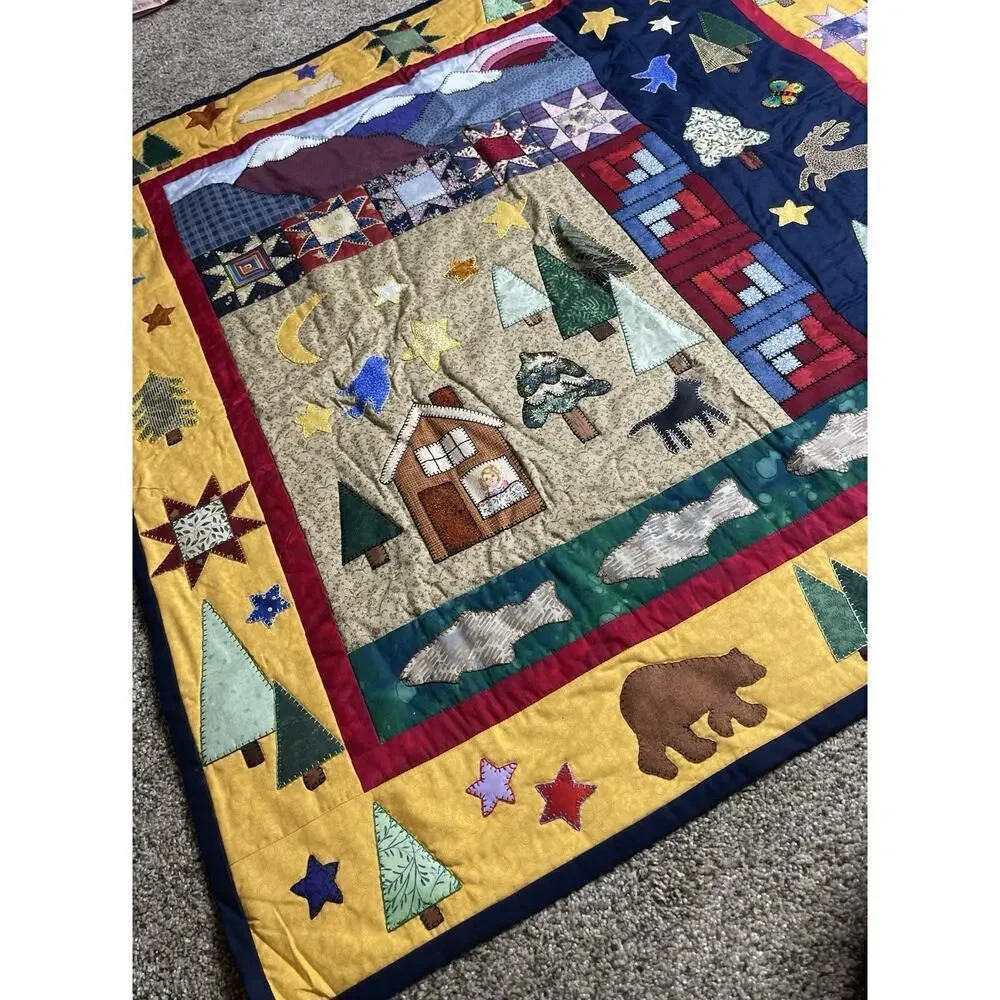 Vintage Lap Quilt Colorful Log Cabin Nature Natural Leaf Floral Woodsy Stars